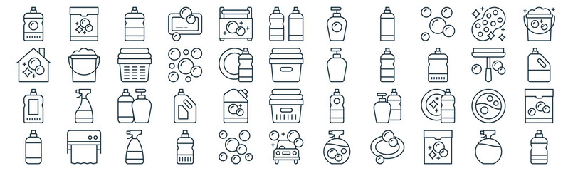 housekeeping thin line icon set such as pack of simple cleaning, bubbles, bottles, paper towel, cleaner, laundry basket, sponge icons for report, presentation, diagram, web design - obrazy, fototapety, plakaty