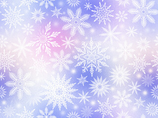 Seamless winter pattern with silhouettes of snowflakes on a blue background.