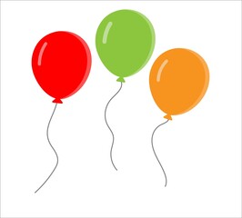 Air gel balloons for happy holiday, party, birthday. Flying balloon with rope. Flat icon. Red, green, orange ball on a white background. Vector