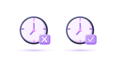 Time and clock 3d icons isolated on white background. Tick and cross sign.