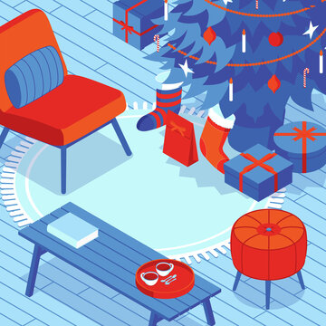 Colorful isometric Christmas illustration showing an interior with furniture and Christmas decorations. Vector illustration in flat design. Holiday season picture in red, blue and white.
