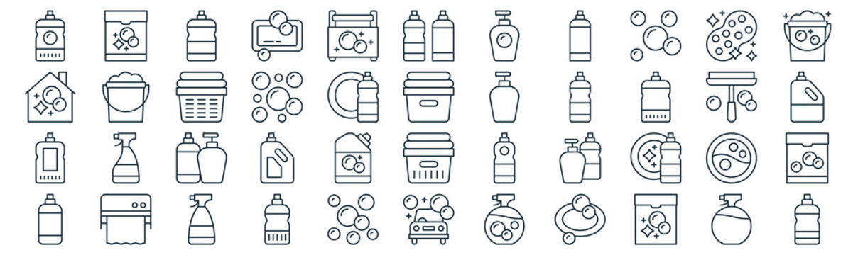 housekeeping thin line icon set such as pack of simple cleaning, bubbles, bottles, paper towel, cleaner, laundry basket, sponge icons for report, presentation, diagram, web design