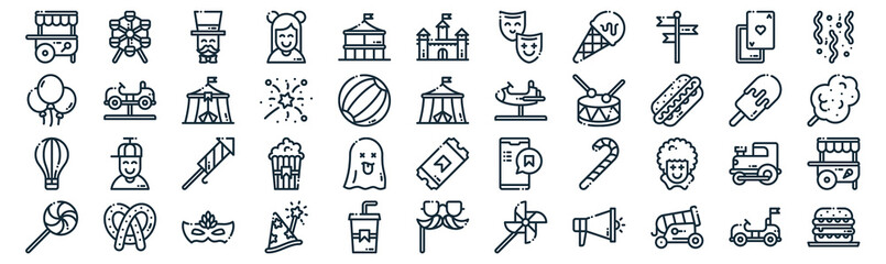 fair thin line icon set such as pack of simple counter, fireworks, fireworks, pretzel, hot air balloon, tent, cards icons for report, presentation, diagram, web design