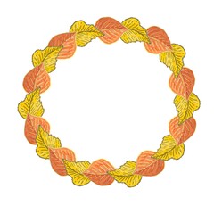 Decorative round frame made of watercolor illustrations, orange and yellow autumn leaves