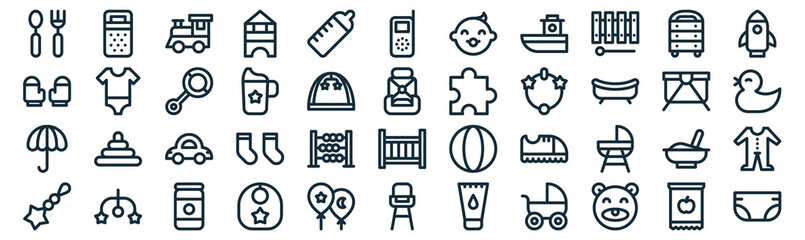 baby thin line icon set such as pack of simple feeding bottle, cup, car, mobile, umbrella, rattle, chest of drawers icons for report, presentation, diagram, web design