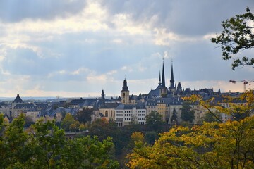 Aerial view from the hill towards the city centre of Luxembourg 