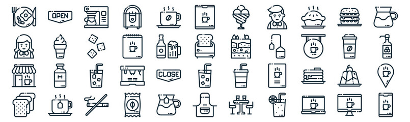 cafe thin line icon set such as pack of simple coffee, menu, ice tea, tea, cafe, sugar cube, burger icons for report, presentation, diagram, web design