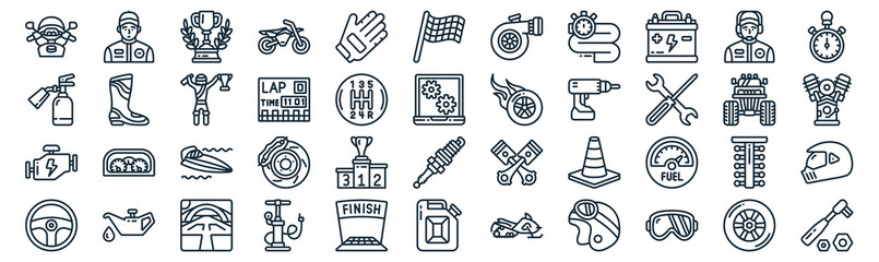 motor sports thin line icon set such as pack of simple glove, lap, speedboat, oil, engine, winner, crew icons for report, presentation, diagram, web design