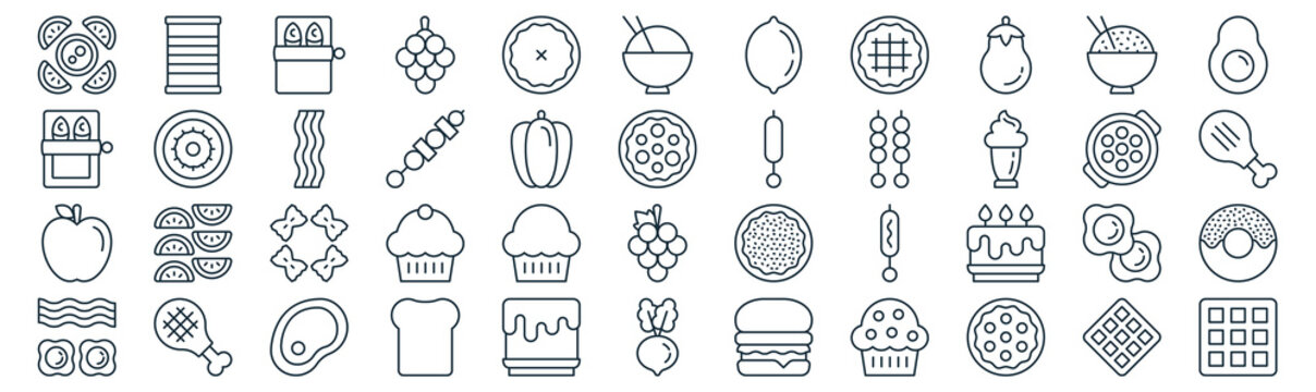 food thin line icon set such as pack of simple pie, skewer, pasta, chicken leg, , bacon, rice icons for report, presentation, diagram, web design
