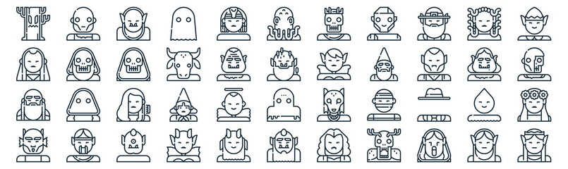 fantastic characters thin line icon set such as pack of simple sphinx, minotaur, lamia, genie, dwarf, death, gorgon icons for report, presentation, diagram, web design - obrazy, fototapety, plakaty
