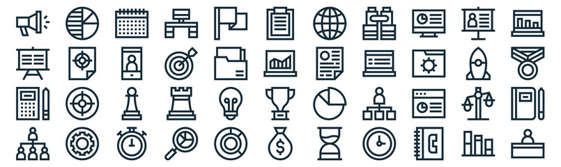 strategy and management thin line icon set such as pack of simple flag, target, chess piece, gear, calculator, mobile, presentation icons for report, presentation, diagram, web design