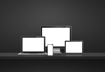 Computer, laptop, mobile phone and digital tablet pc. Black shelf banner
