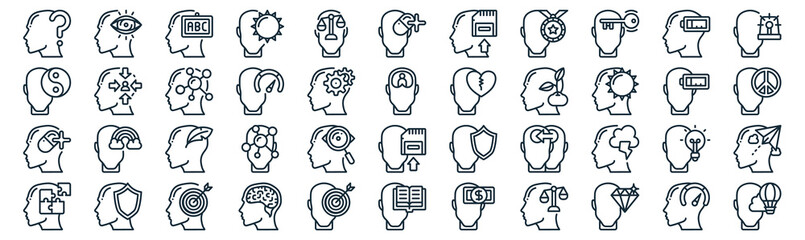 human mind thin line icon set such as pack of simple law, strenght, creative, shield, mental health, psychology, exhausted icons for report, presentation, diagram, web design