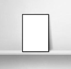 Black picture frame leaning on a white shelf. 3d illustration. Square background