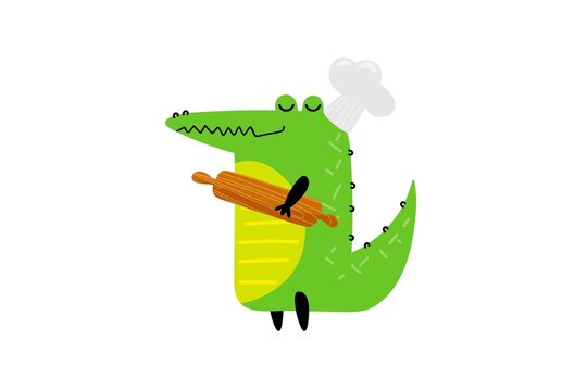 Cartoon crocodile with chef's hat and rolling pin. Alligator chef. Cute cartoon character for kitchen or nursery decor. Good smiling crocodile. Flat vector illustration on white background.
