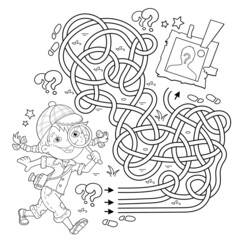Maze or Labyrinth Game. Puzzle. Tangled road. Coloring Page Outline Of cartoon girl detective with loupe. Young Sherlock Holmes. Coloring book for kids.