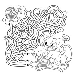 Fototapeta premium Maze or Labyrinth Game. Puzzle. Tangled road. Coloring Page Outline Of cartoon cat with ball of yarn. Coloring book for kids.