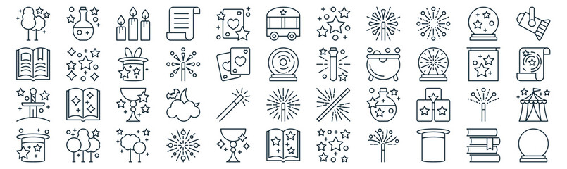 magic thin line icon set such as pack of simple cards, magic wand, potion, forest, excalibur, magic hat, crystal ball icons for report, presentation, diagram, web design © MacroOne