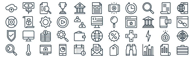 business thin line icon set such as pack of simple bank, play button, coins, key, shield, tings, file icons for report, presentation, diagram, web design