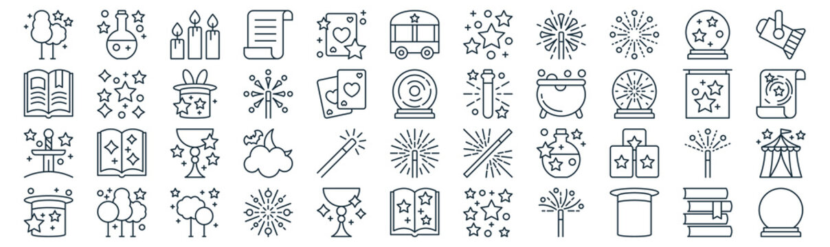 magic thin line icon set such as pack of simple cards, magic wand, potion, forest, excalibur, magic hat, crystal ball icons for report, presentation, diagram, web design