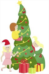 Christmas tree with a garland and gifts, girls climb on the tree and look at gifts - Christmas children s picture, vector illustration flat style