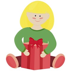 a blonde girl in a green sweater opens a New Year s gift - a Christmas children s picture, vector illustration, a flat style