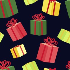 gift box with ribbons for holiday, gifts, vector seamless pattern, flat style on blue background, new year and christmas