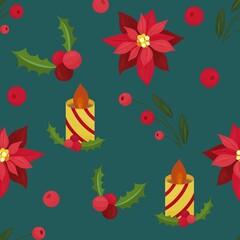 christmas star, candle, holly and poinsettia, vector seamless pattern, flat style on turquoise background, new year and christmas