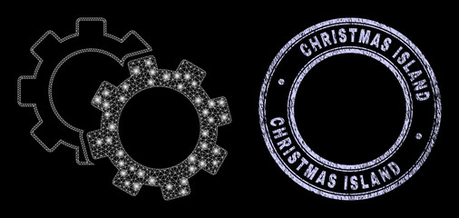 Glowing mesh web cogs icon with glow effect on a black background with round Christmas Island rubber seal imitation. Vector frame is based on cogs icon, white mesh is used.