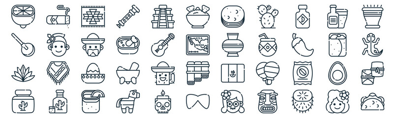 mexico thin line icon set such as pack of simple chichen itza pyramid, mole poblano, mexican hat, tequila, agave, mexican, beer icons for report, presentation, diagram, web design