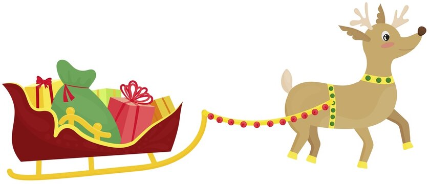 santa s sleigh with reindeer in harness, vector cute illustration, flat style, new year and christmas