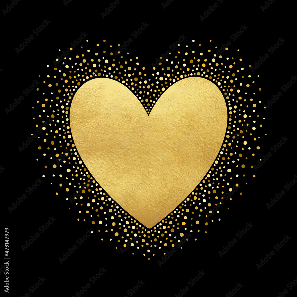 Wall mural Golden foil vector heart shape with dotted frame. Metal gold paint texture luxury background, glittering spangles, dots. Valentine's day luxury text template for greeting card, graphic design element.