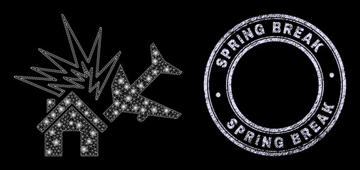 Glowing net airplane disaster icon with glow effect on a black background, and round Spring Break dirty seal print. Vector frame is based on airplane disaster icon,