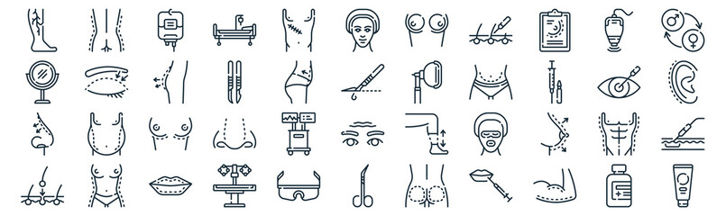 plastic surgery thin line icon set such as pack of simple scar, scalpels, breast, torso, e, buttocks, laser icons for report, presentation, diagram, web design