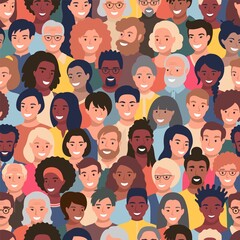 Seamless pattern with people faces of different ethnicity and ages. Parade or meeting crowd, men and women various hairstyles, young and elderly characters heads, repeating background.