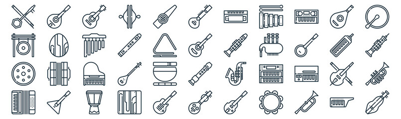 music instruments thin line icon set such as pack of simple kazoo, flute, grand piano, balalaika, handpan, chimes, lute icons for report, presentation, diagram, web design - obrazy, fototapety, plakaty