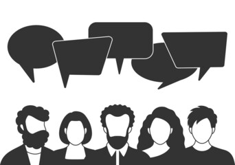 People avatars with speech bubbles. Men and woman communication, talking llustration. Coworkers, team, thinking, question, idea, brainstorm concept. - 473148141