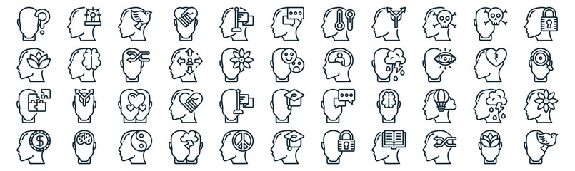 human mind thin line icon set such as pack of simple goal, extrovert, in love, brain, autism, strategy, death icons for report, presentation, diagram, web design
