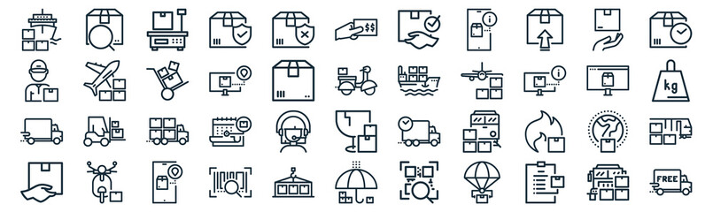 delivery cargo thin line icon set such as pack of simple fragile, tracking, truck, delivery courier, delivery truck, hand truck, fragile icons for report, presentation, diagram, web design