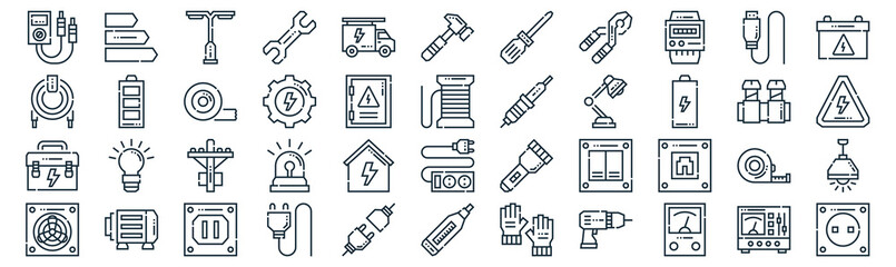 electrician tools and thin line icon set such as pack of simple truck, gear, electric pole, electric motor, tool box, tape, usb icons for report, presentation, diagram, web design