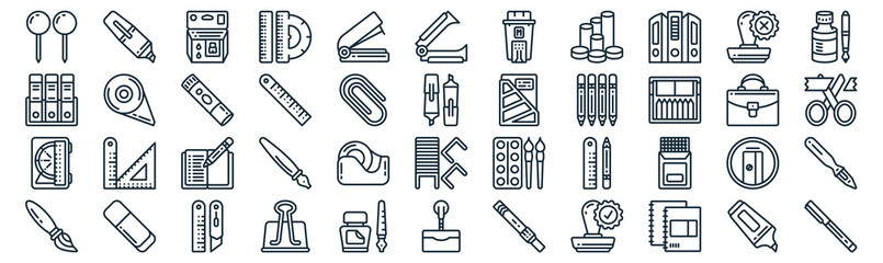 stationery thin line icon set such as pack of simple stapler, ruler, notebook, eraser, ruler, glue, stamp icons for report, presentation, diagram, web design - obrazy, fototapety, plakaty