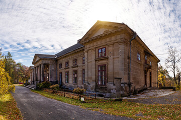 Beautiful palace of the Orlovskys in the village of Maliyivtsi in autumn day.