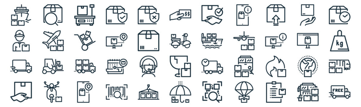 delivery cargo thin line icon set such as pack of simple fragile, tracking, truck, delivery courier, delivery truck, hand truck, fragile icons for report, presentation, diagram, web design