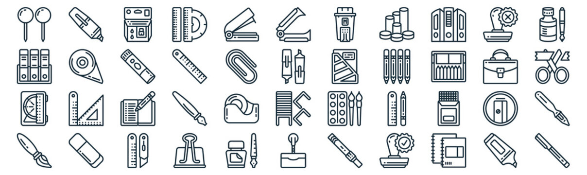 stationery thin line icon set such as pack of simple stapler, ruler, notebook, eraser, ruler, glue, stamp icons for report, presentation, diagram, web design
