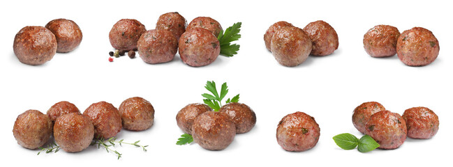Set with tasty cooked meatballs on white background. Banner design