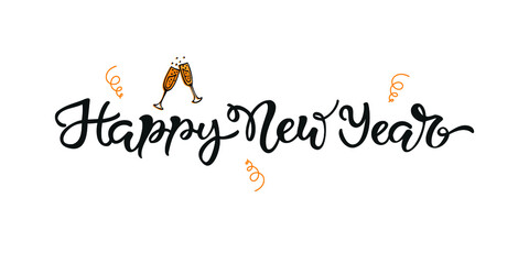 Happy New Year lettering. Vector Illustration. Lettering Christmas design  for Holiday Greeting Gift Poster card. Typography design for banner.  Christmas tags set with typography and colorful icon