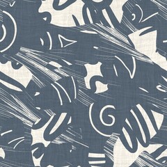 Seamless two tone hand drawn brushed effect pattern swatch. High quality illustration. Collage of minimal drawings arranged in a seamless pattern for print with fabric texture overlay. Rough scribble.