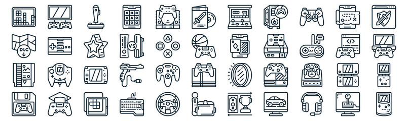 Fototapeta gaming thin line icon set such as pack of simple game console, comparison, game console, gamepad, game cartridge, star, smartphone icons for report, presentation, diagram, web design obraz