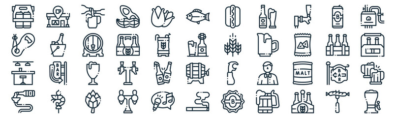 beer thin line icon set such as pack of simple pistachio, beer, beer, shrimp, pub, barrel, can icons for report, presentation, diagram, web design