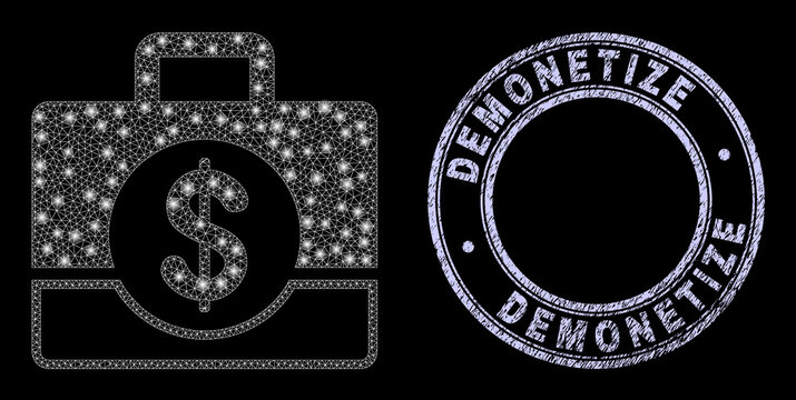 Glitter mesh web business case icon with glare effect on a black background with round Demonetize textured stamp seal. Vector frame created from business case pictogram, white mesh is used.